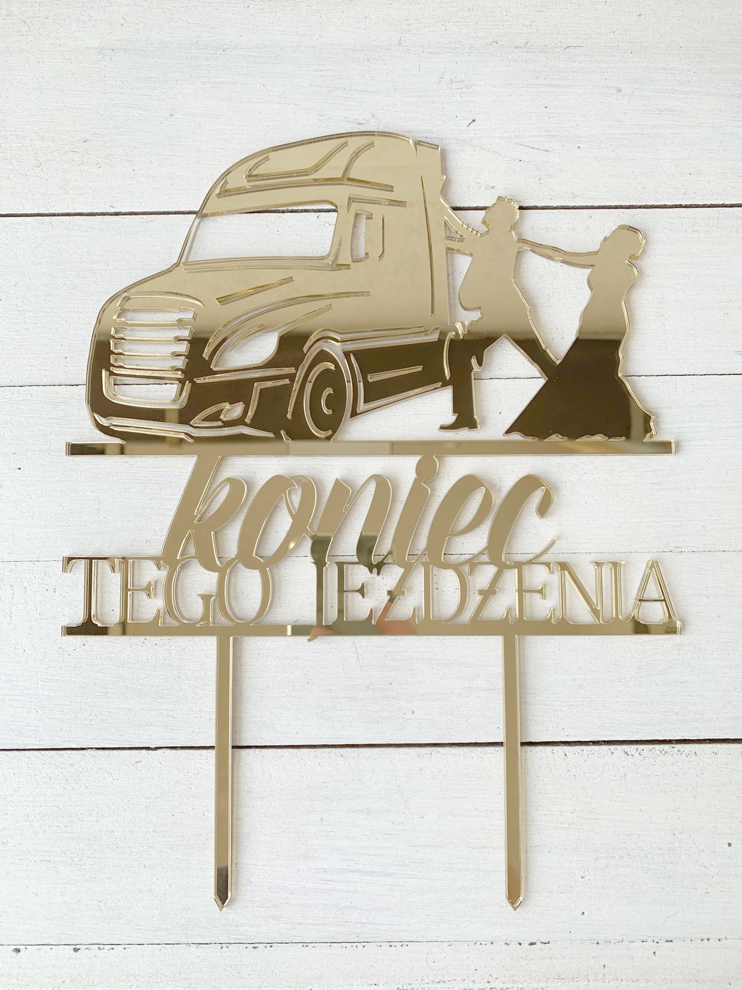 złoty topper na tort weselny lustrzany